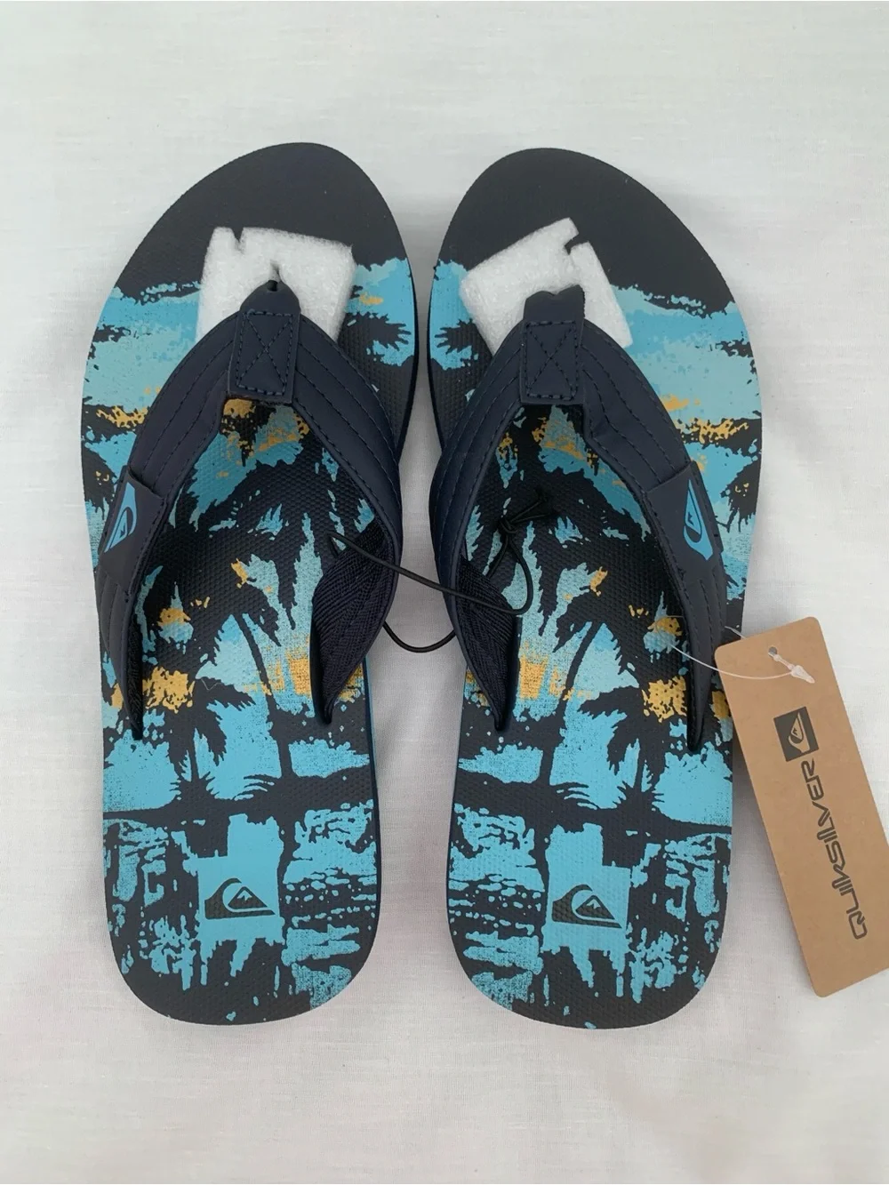 Quiksilver Foundation Men's Flip Flop Sandals Size 9 Blue Palm Tree Graphic NWT